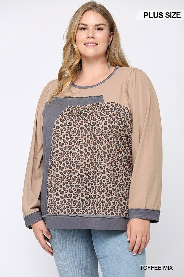 GiGiO Leopard Color Block Loose Fit Top In Toffee MIx Plus-Curvy/Plus Tops-GiGiO-Deja Nu Boutique, Women's Fashion Boutique in Lampasas, Texas