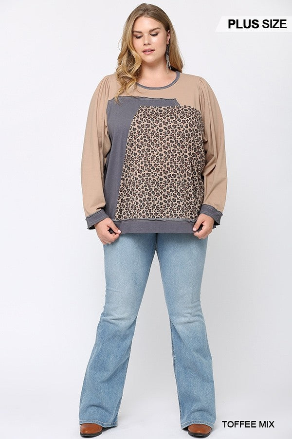 GiGiO Leopard Color Block Loose Fit Top In Toffee MIx Plus-Curvy/Plus Tops-GiGiO-Deja Nu Boutique, Women's Fashion Boutique in Lampasas, Texas