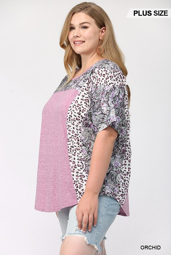 GiGiO Orchid Mixed Paisley And Leopard Print Top-Curvy/Plus Tops-GiGiO-Deja Nu Boutique, Women's Fashion Boutique in Lampasas, Texas