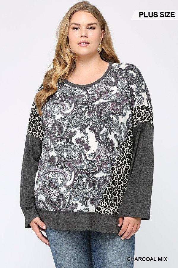 GiGiO Pasley Leopard Color Block Top In A Charcoal Mix Plus-Curvy/Plus Tops-GiGiO-Deja Nu Boutique, Women's Fashion Boutique in Lampasas, Texas