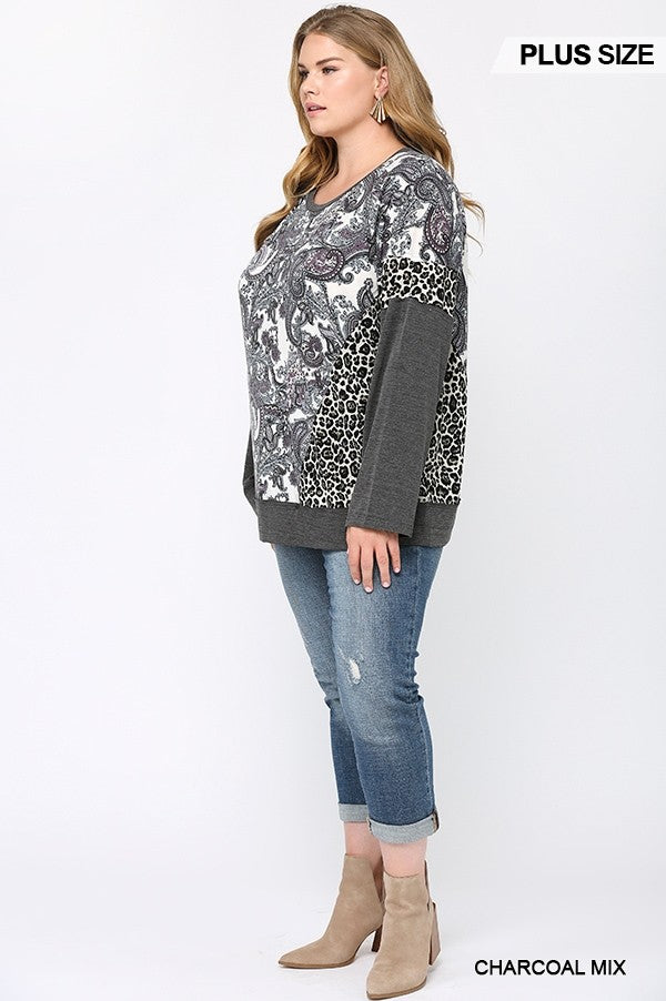GiGiO Pasley Leopard Color Block Top In A Charcoal Mix Plus-Curvy/Plus Tops-GiGiO-Deja Nu Boutique, Women's Fashion Boutique in Lampasas, Texas