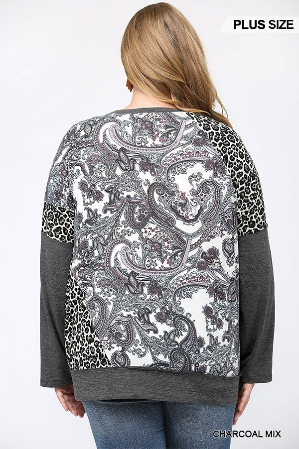 GiGiO Pasley Leopard Color Block Top In A Charcoal Mix Plus-Curvy/Plus Tops-GiGiO-Deja Nu Boutique, Women's Fashion Boutique in Lampasas, Texas