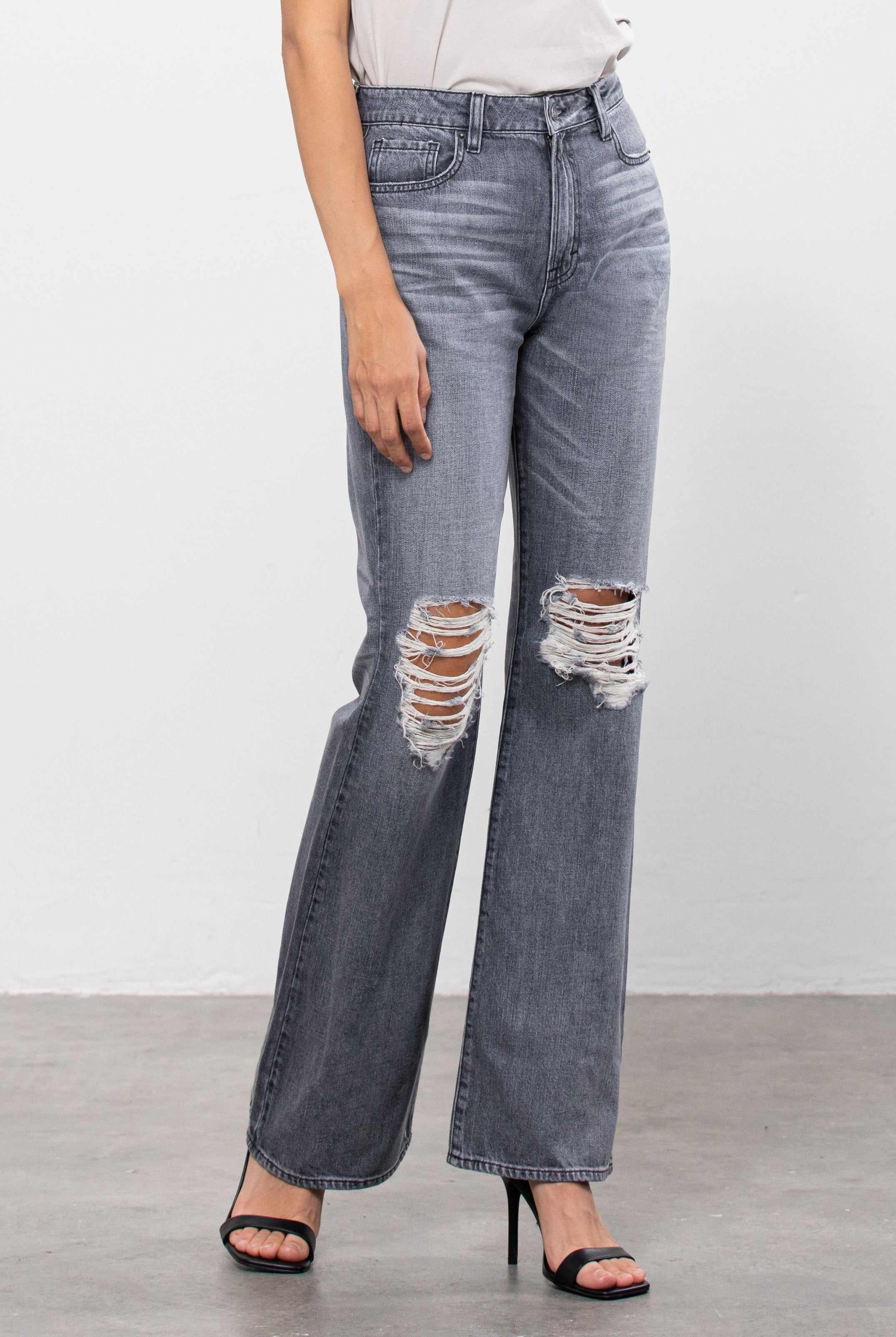 Hidden Happi Ultra High Rise Distressed Flare In Grey-Jeans-Hidden-Deja Nu Boutique, Women's Fashion Boutique in Lampasas, Texas