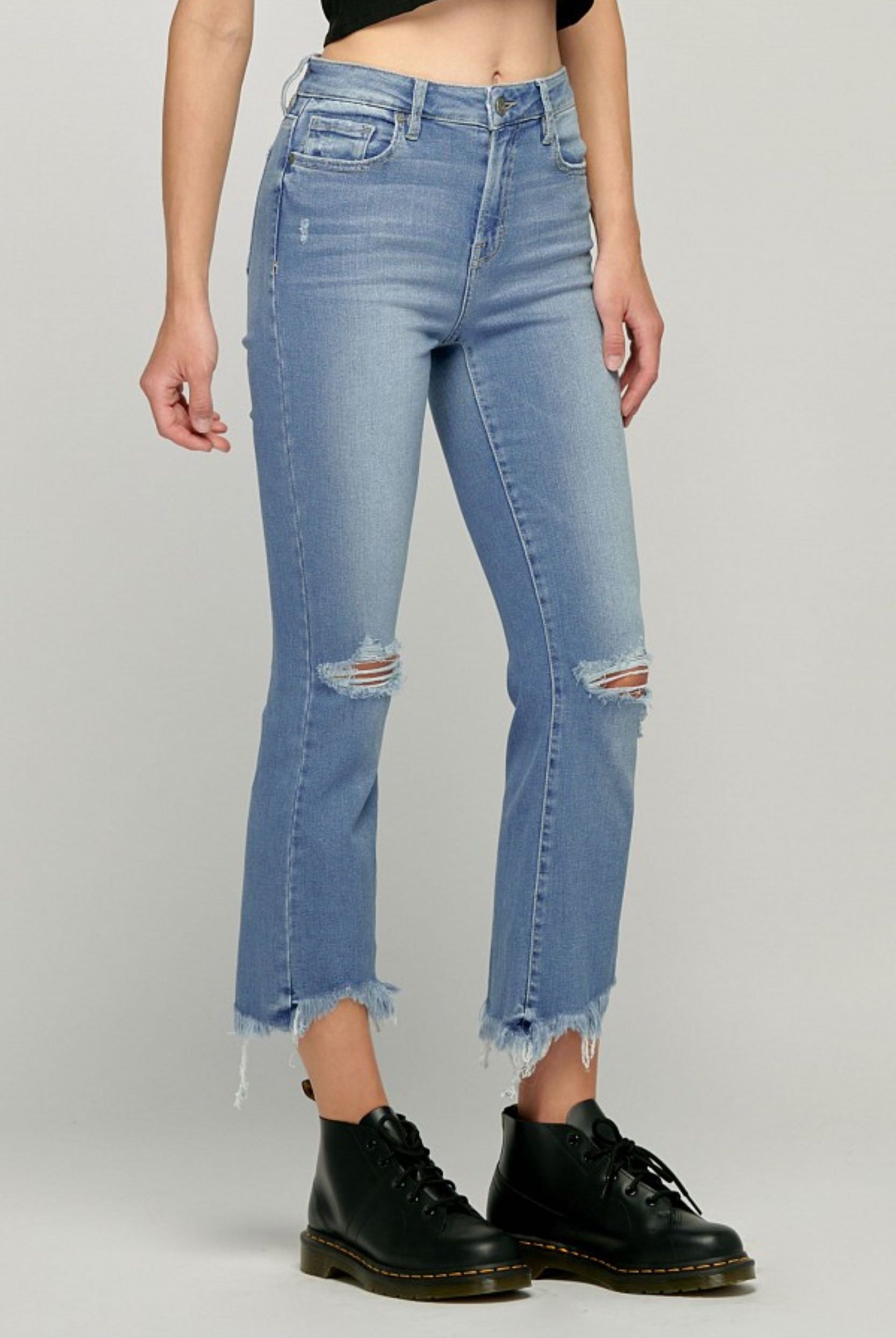 Hidden Jeans Happi Crop Flare With Frayed Uneven Hem In Medium Wash-Jeans-Hidden-Deja Nu Boutique, Women's Fashion Boutique in Lampasas, Texas