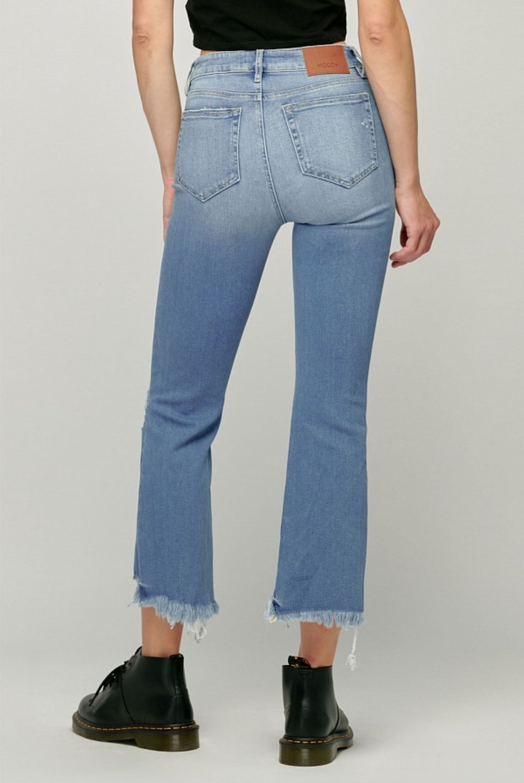 Hidden Jeans Happi Crop Flare With Frayed Uneven Hem In Medium Wash-Jeans-Hidden-Deja Nu Boutique, Women's Fashion Boutique in Lampasas, Texas