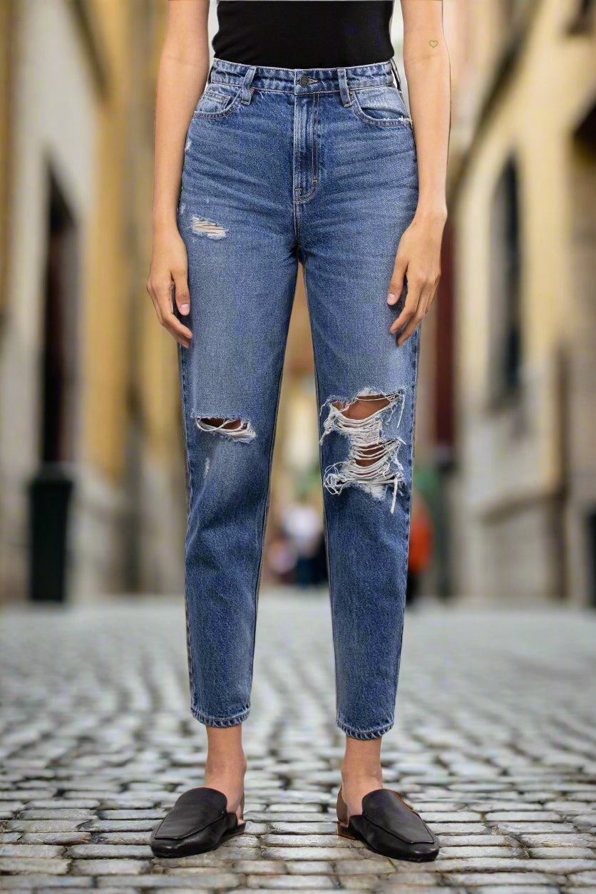 Hidden Medium Wash Two Tone Distressed Mom Tapered Fit-Jeans-Hidden-Deja Nu Boutique, Women's Fashion Boutique in Lampasas, Texas