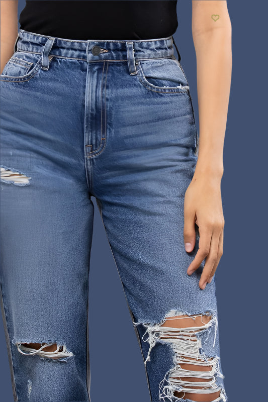 Hidden Medium Wash Two Tone Distressed Mom Tapered Fit-Jeans-Hidden-Deja Nu Boutique, Women's Fashion Boutique in Lampasas, Texas