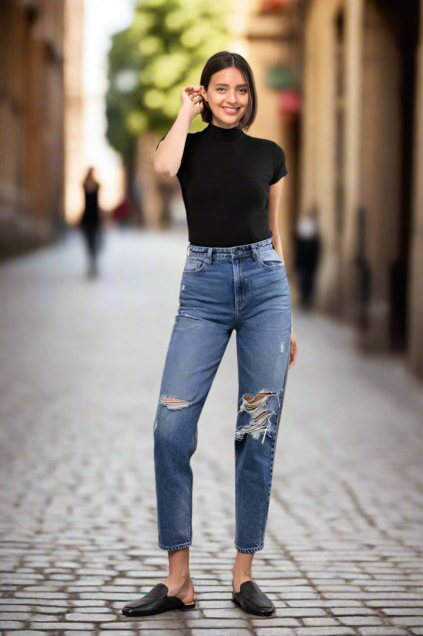 Hidden Medium Wash Two Tone Distressed Mom Tapered Fit-Jeans-Hidden-Deja Nu Boutique, Women's Fashion Boutique in Lampasas, Texas