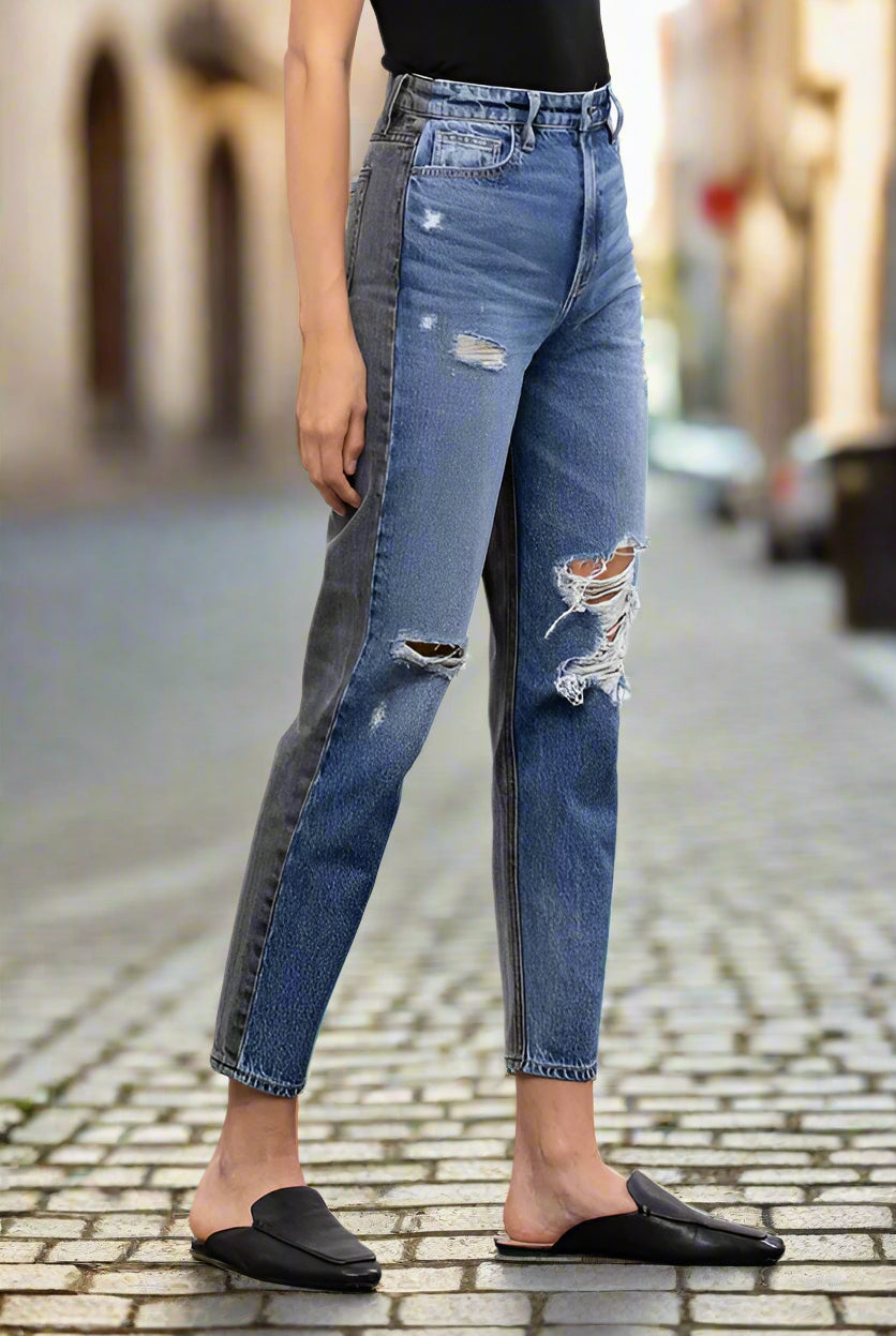 Hidden Medium Wash Two Tone Distressed Mom Tapered Fit-Jeans-Hidden-Deja Nu Boutique, Women's Fashion Boutique in Lampasas, Texas