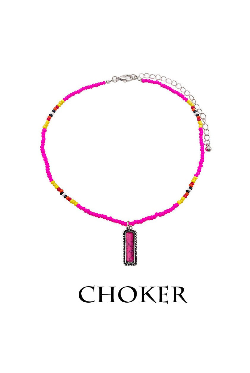 Hot Pink Semi Genuine Stone Pendant With Multi Colored Seed Bead Choker Necklace.-Necklaces-Deja Nu-Deja Nu Boutique, Women's Fashion Boutique in Lampasas, Texas