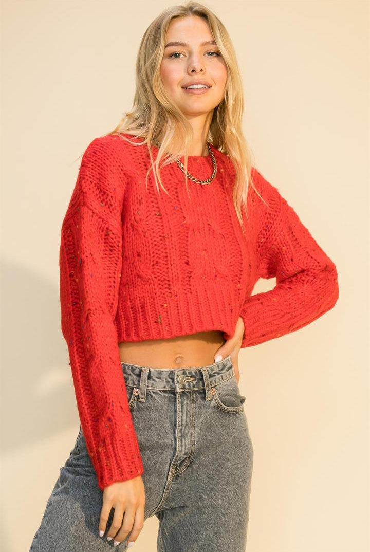 Hyfve Double Zero Crew Neck Cable Crop Popcorn Sweater In Red Or Smoke Blue-Sweaters-Hyfve-Deja Nu Boutique, Women's Fashion Boutique in Lampasas, Texas