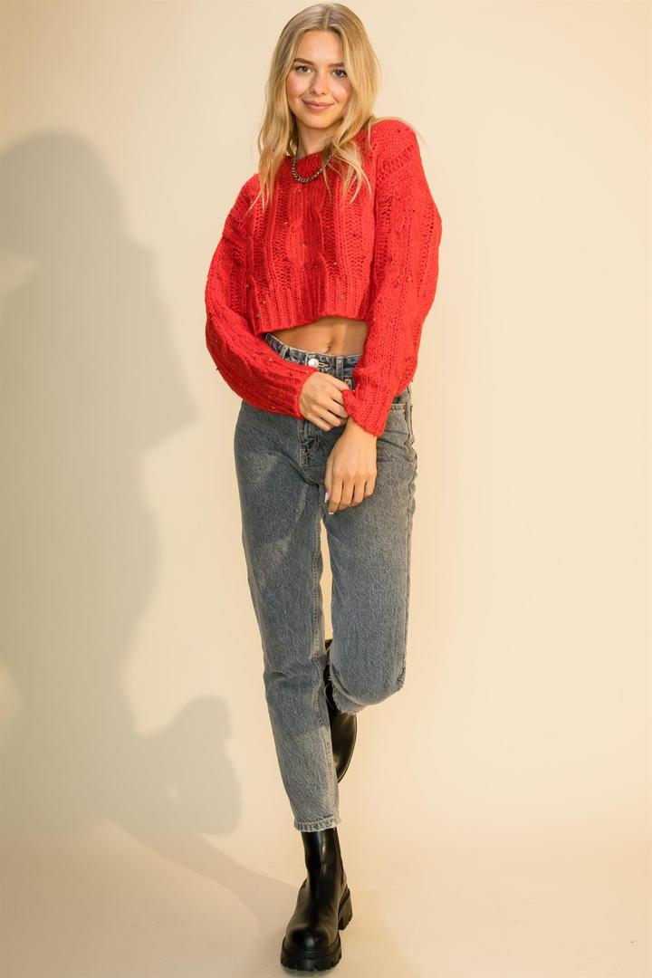 Hyfve Double Zero Crew Neck Cable Crop Popcorn Sweater In Red Or Smoke Blue-Sweaters-Hyfve-Deja Nu Boutique, Women's Fashion Boutique in Lampasas, Texas