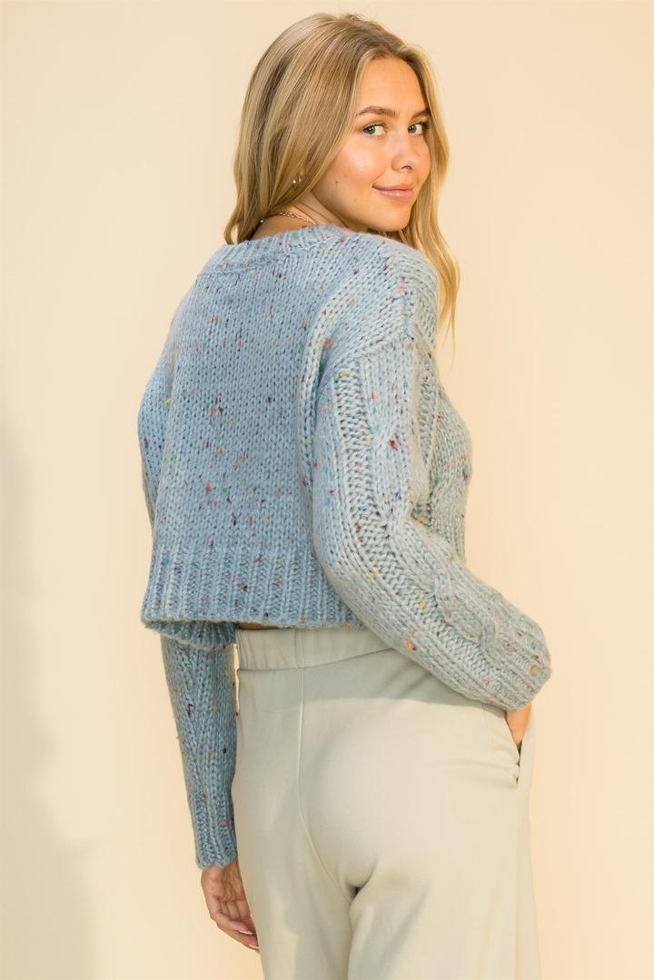 Hyfve Double Zero Crew Neck Cable Crop Popcorn Sweater In Red Or Smoke Blue-Sweaters-Hyfve-Deja Nu Boutique, Women's Fashion Boutique in Lampasas, Texas