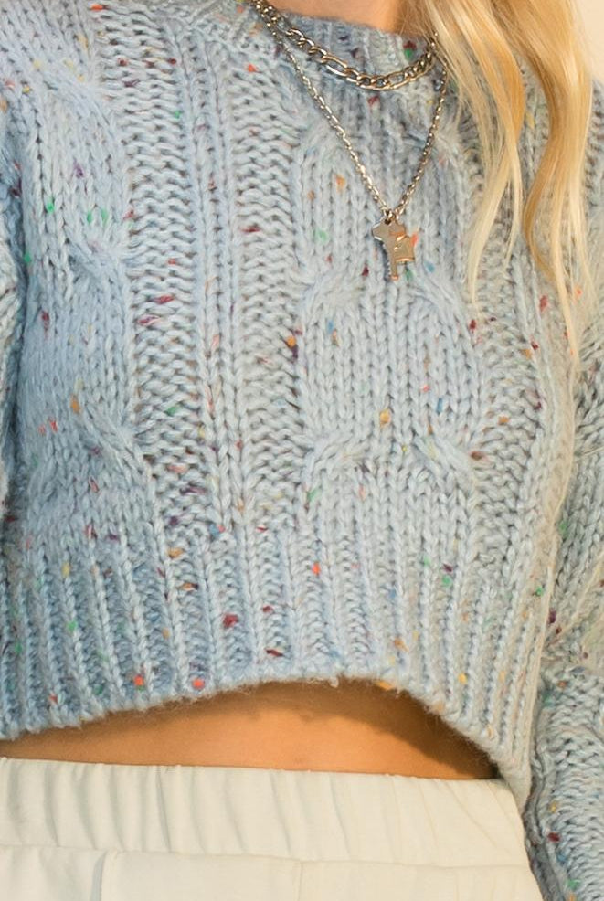 Hyfve Double Zero Crew Neck Cable Crop Popcorn Sweater In Red Or Smoke Blue-Sweaters-Hyfve-Deja Nu Boutique, Women's Fashion Boutique in Lampasas, Texas