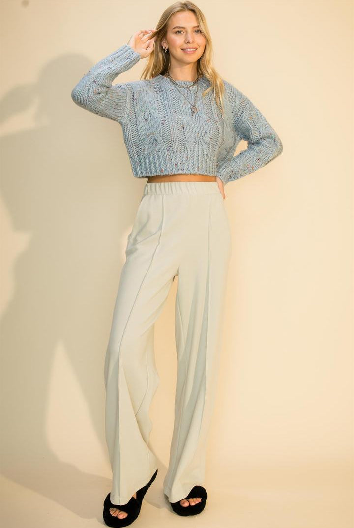 Hyfve Double Zero Crew Neck Cable Crop Popcorn Sweater In Red Or Smoke Blue-Sweaters-Hyfve-Deja Nu Boutique, Women's Fashion Boutique in Lampasas, Texas