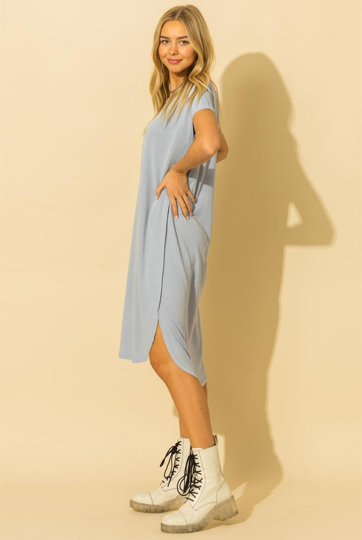 Hyfve Double Zero Drop Shoulder Curved Raw Edge Hem Dress Two Colors-Dresses-Hyfve-Deja Nu Boutique, Women's Fashion Boutique in Lampasas, Texas