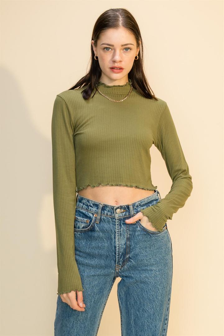 Hyfve Double Zero Lettuce Edge Mock Neck Crop Top In Smoke Blue Or Olive-Long Sleeves-Hyfve-Deja Nu Boutique, Women's Fashion Boutique in Lampasas, Texas