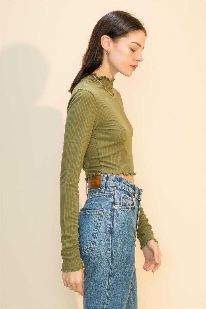 Hyfve Double Zero Lettuce Edge Mock Neck Crop Top In Smoke Blue Or Olive-Long Sleeves-Hyfve-Deja Nu Boutique, Women's Fashion Boutique in Lampasas, Texas