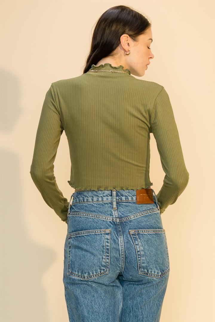 Hyfve Double Zero Lettuce Edge Mock Neck Crop Top In Smoke Blue Or Olive-Long Sleeves-Hyfve-Deja Nu Boutique, Women's Fashion Boutique in Lampasas, Texas