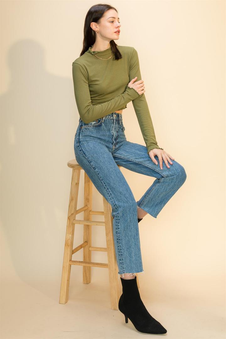 Hyfve Double Zero Lettuce Edge Mock Neck Crop Top In Smoke Blue Or Olive-Long Sleeves-Hyfve-Deja Nu Boutique, Women's Fashion Boutique in Lampasas, Texas