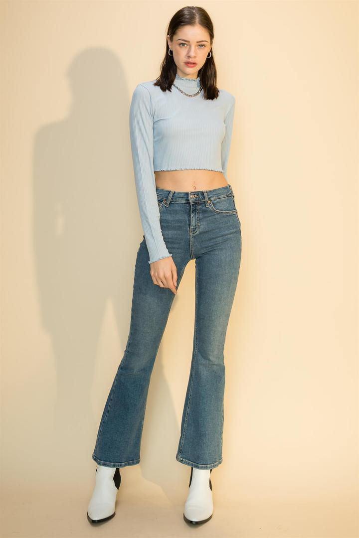 Hyfve Double Zero Lettuce Edge Mock Neck Crop Top In Smoke Blue Or Olive-Long Sleeves-Hyfve-Deja Nu Boutique, Women's Fashion Boutique in Lampasas, Texas