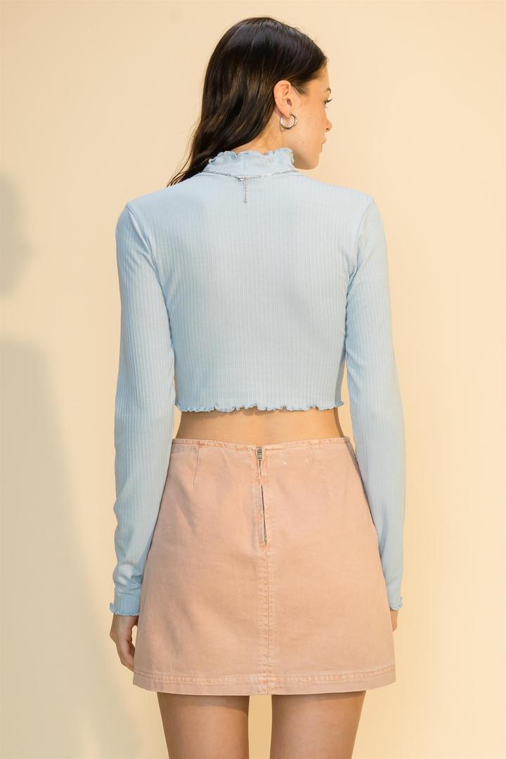 Hyfve Double Zero Lettuce Edge Mock Neck Crop Top In Smoke Blue Or Olive-Long Sleeves-Hyfve-Deja Nu Boutique, Women's Fashion Boutique in Lampasas, Texas