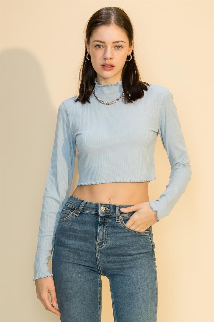 Hyfve Double Zero Lettuce Edge Mock Neck Crop Top In Smoke Blue Or Olive-Long Sleeves-Hyfve-Deja Nu Boutique, Women's Fashion Boutique in Lampasas, Texas