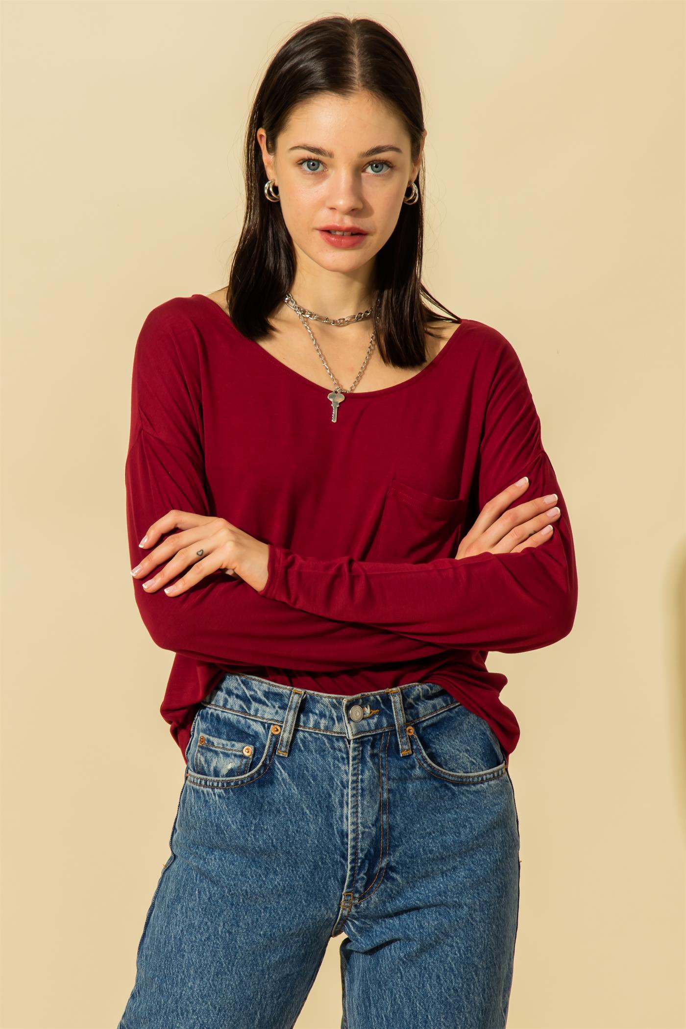 Hyfve Double Zero Scoop Neck Pocket Long Sleeve Tee In Five Colors-Long Sleeves-Hyfve-Deja Nu Boutique, Women's Fashion Boutique in Lampasas, Texas