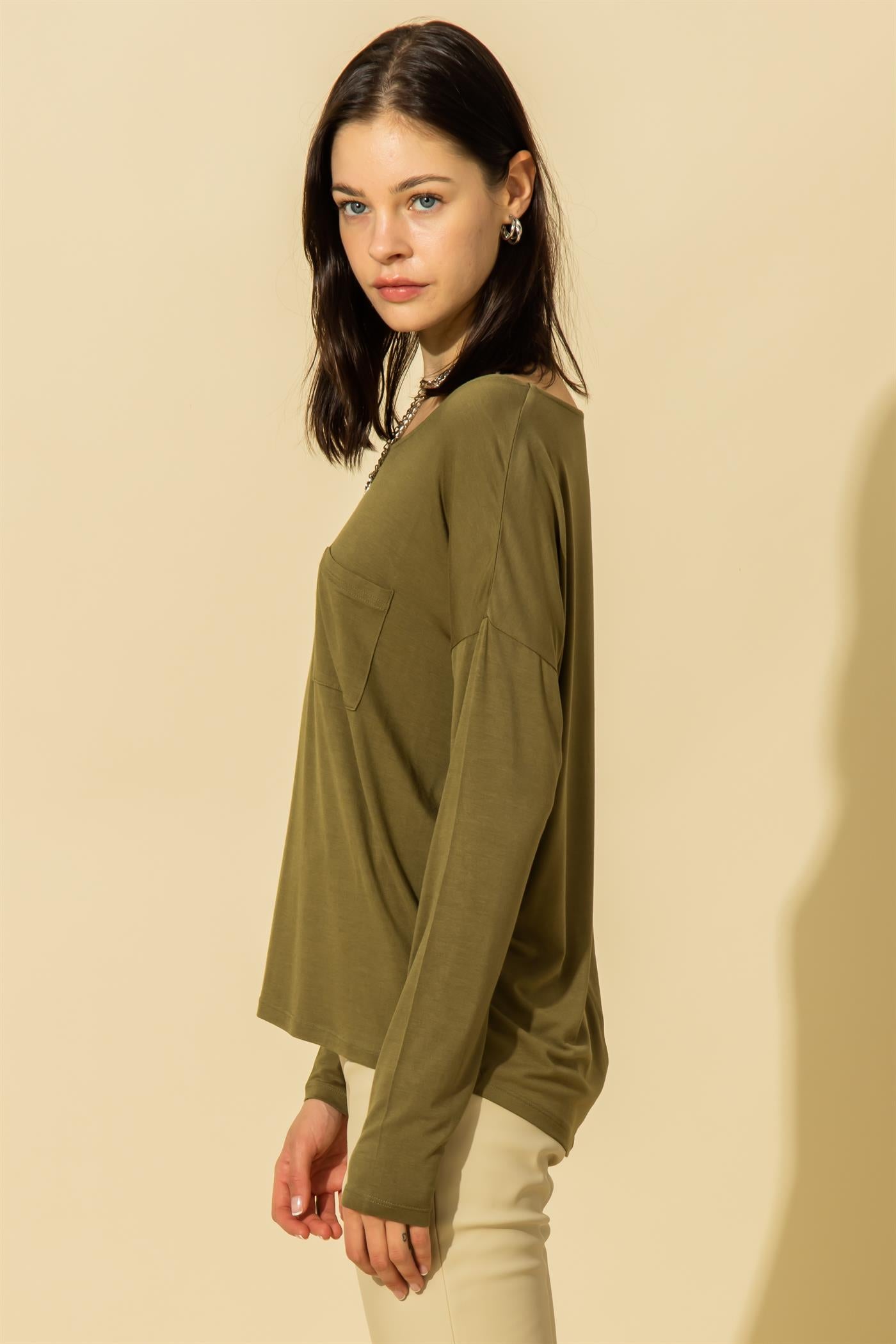 Hyfve Double Zero Scoop Neck Pocket Long Sleeve Tee In Five Colors-Long Sleeves-Hyfve-Deja Nu Boutique, Women's Fashion Boutique in Lampasas, Texas