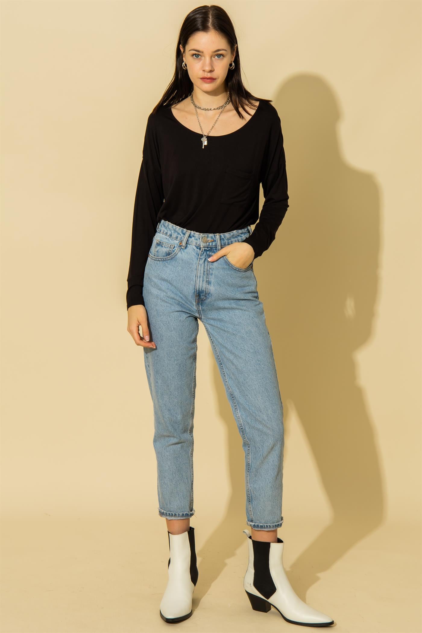 Hyfve Double Zero Scoop Neck Pocket Long Sleeve Tee In Five Colors-Long Sleeves-Hyfve-Deja Nu Boutique, Women's Fashion Boutique in Lampasas, Texas