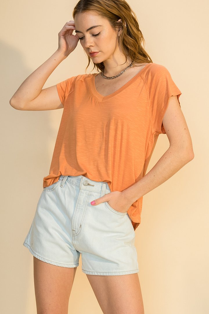 Hyfve Double Zero V Neck Raglan Short Sleeve Round Hem Top-Tops-Hyfve-Deja Nu Boutique, Women's Fashion Boutique in Lampasas, Texas