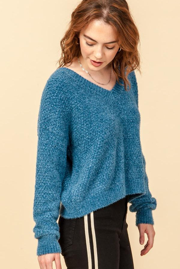 Hyfve Fuzzy Chenille V Neck Sweaters In Black Or Cobalt-Sweaters-Hyfve-Deja Nu Boutique, Women's Fashion Boutique in Lampasas, Texas