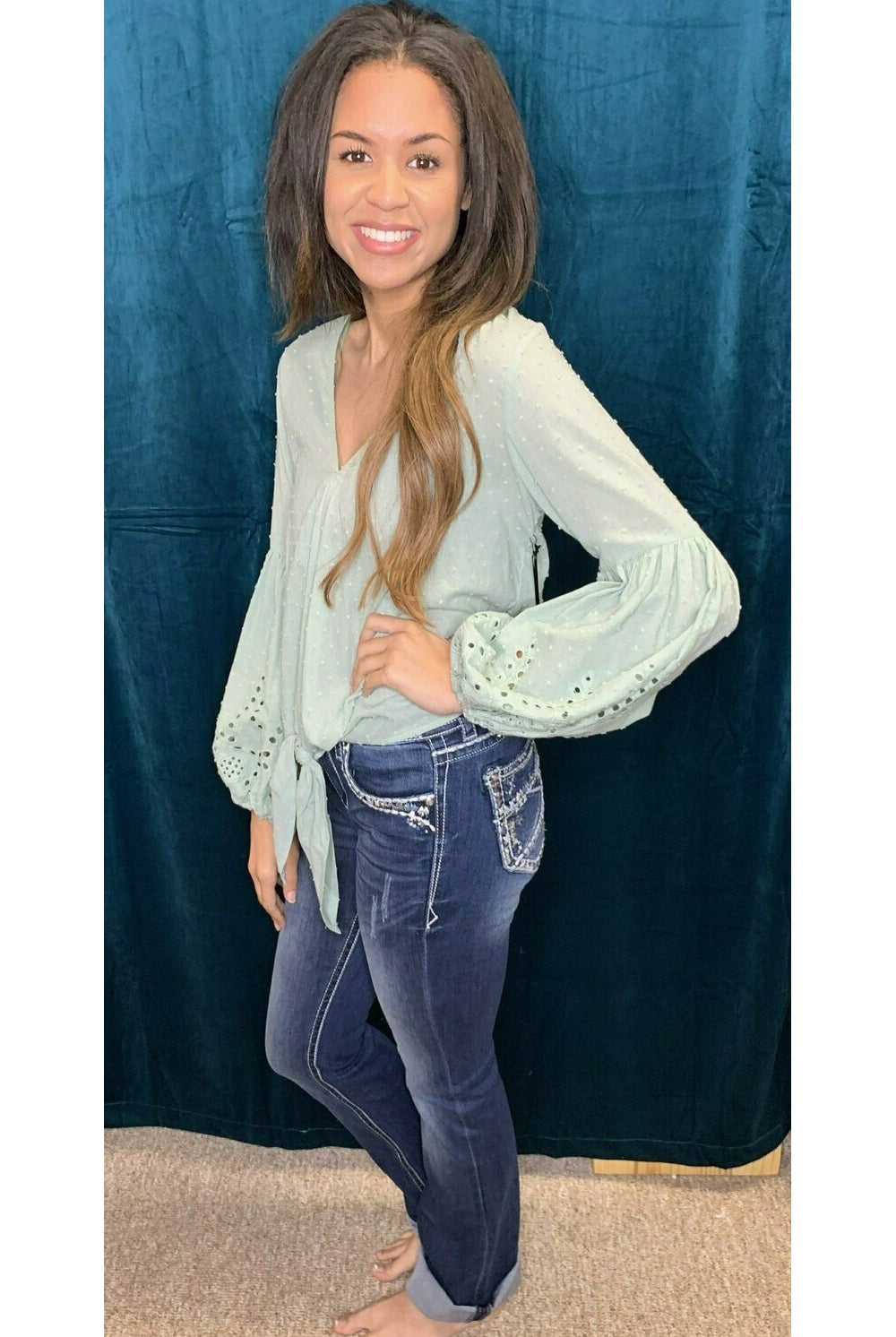 Hyfve Sage Eyelet Puff Sleeve Tie Front Blouse-Tops-Hyfve-Deja Nu Boutique, Women's Fashion Boutique in Lampasas, Texas