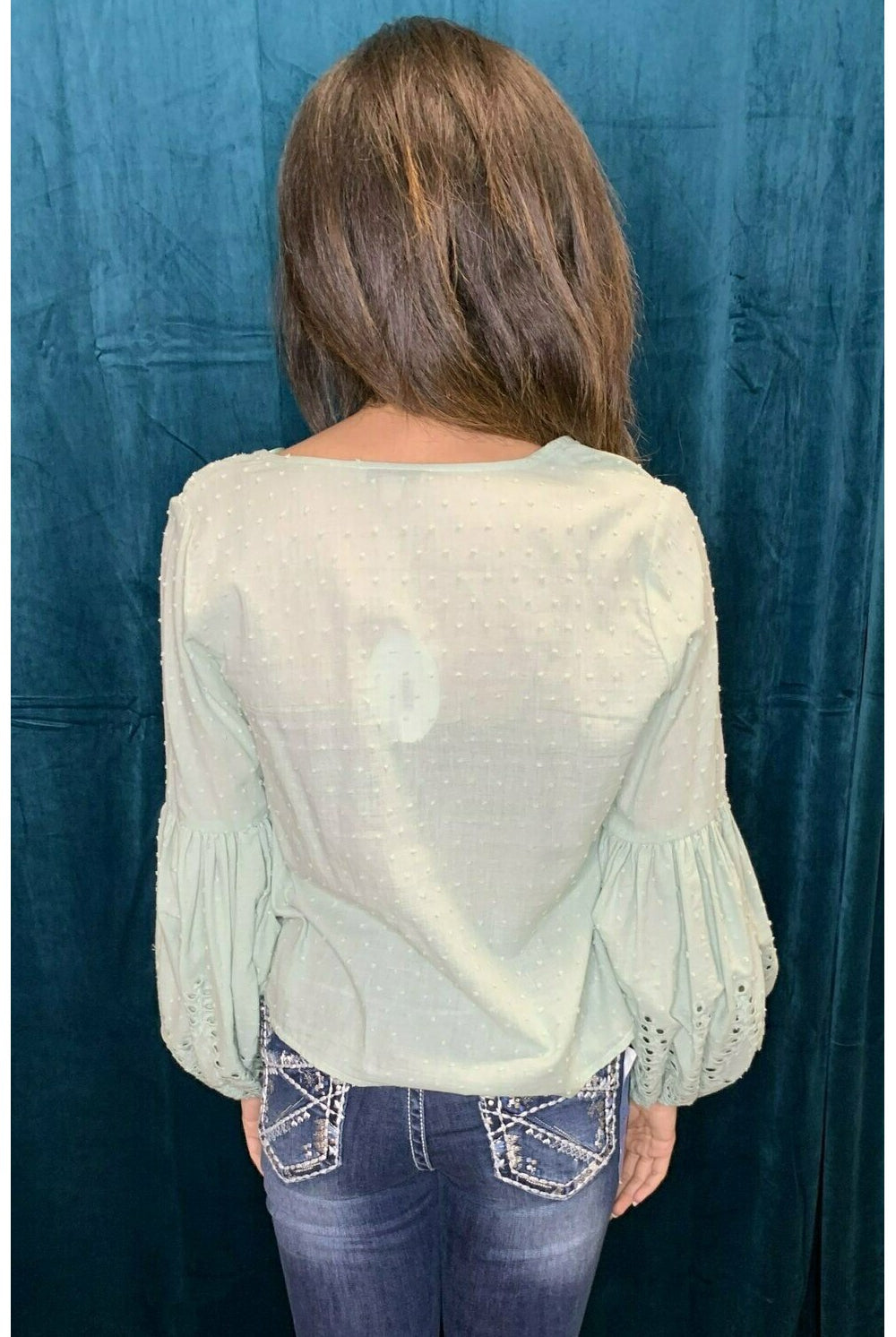 Hyfve Sage Eyelet Puff Sleeve Tie Front Blouse-Tops-Hyfve-Deja Nu Boutique, Women's Fashion Boutique in Lampasas, Texas