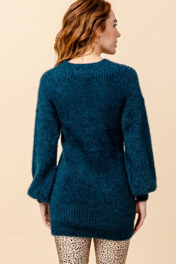 Hyfve Teal Puff Sleeve Knit Sweater Dress-Dresses-Hyfve-Deja Nu Boutique, Women's Fashion Boutique in Lampasas, Texas