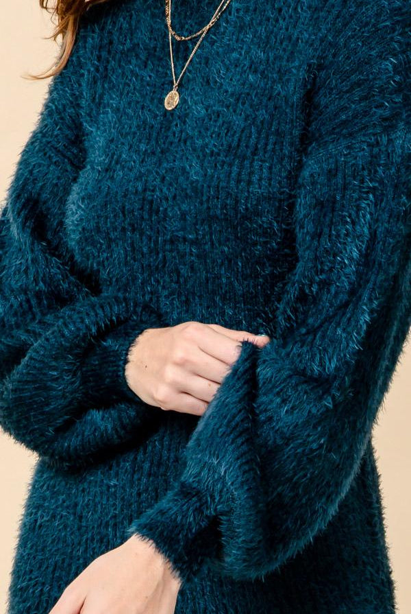 Hyfve Teal Puff Sleeve Knit Sweater Dress-Dresses-Hyfve-Deja Nu Boutique, Women's Fashion Boutique in Lampasas, Texas