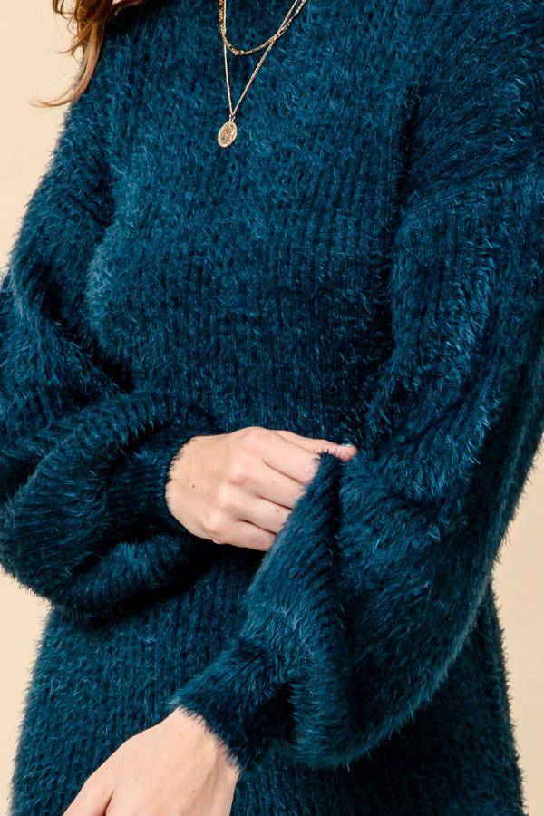 Hyfve Teal Puff Sleeve Knit Sweater Dress-Dresses-Hyfve-Deja Nu Boutique, Women's Fashion Boutique in Lampasas, Texas