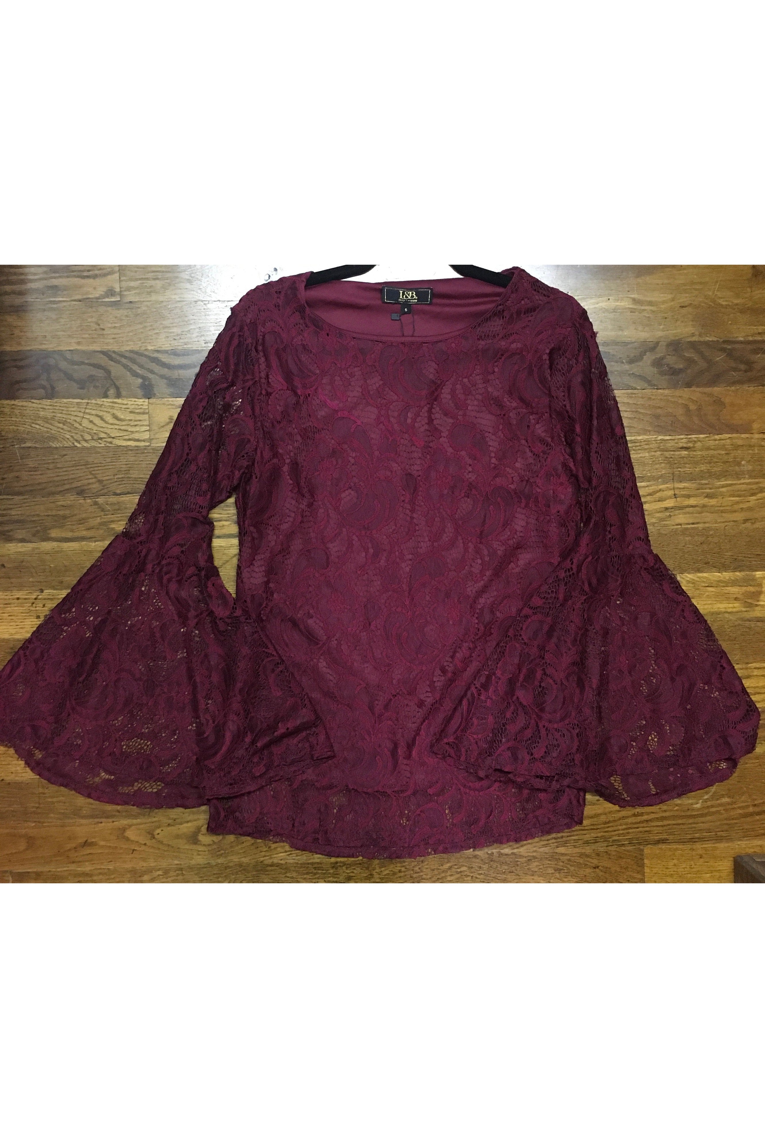 L&B Wine Lace Bell Sleeve Top-Tops-L And B-Deja Nu Boutique, Women's Fashion Boutique in Lampasas, Texas