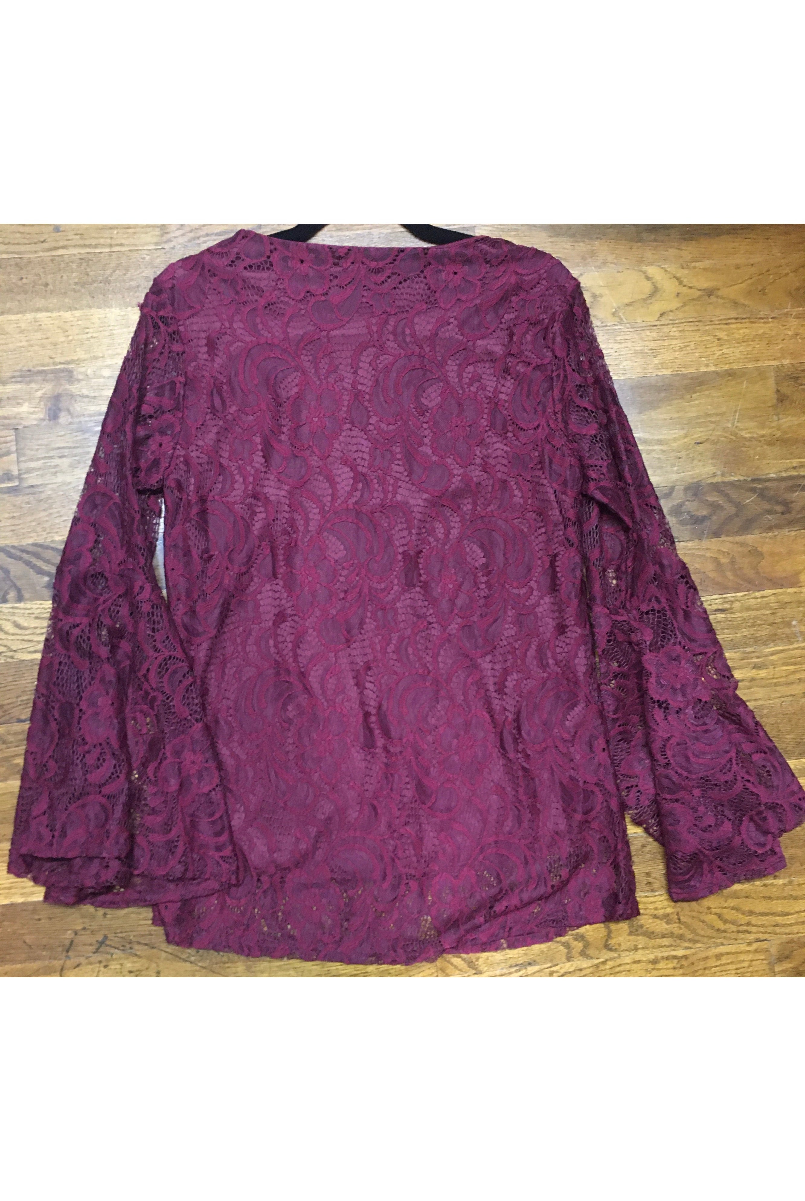 L&B Wine Lace Bell Sleeve Top-Tops-L And B-Deja Nu Boutique, Women's Fashion Boutique in Lampasas, Texas