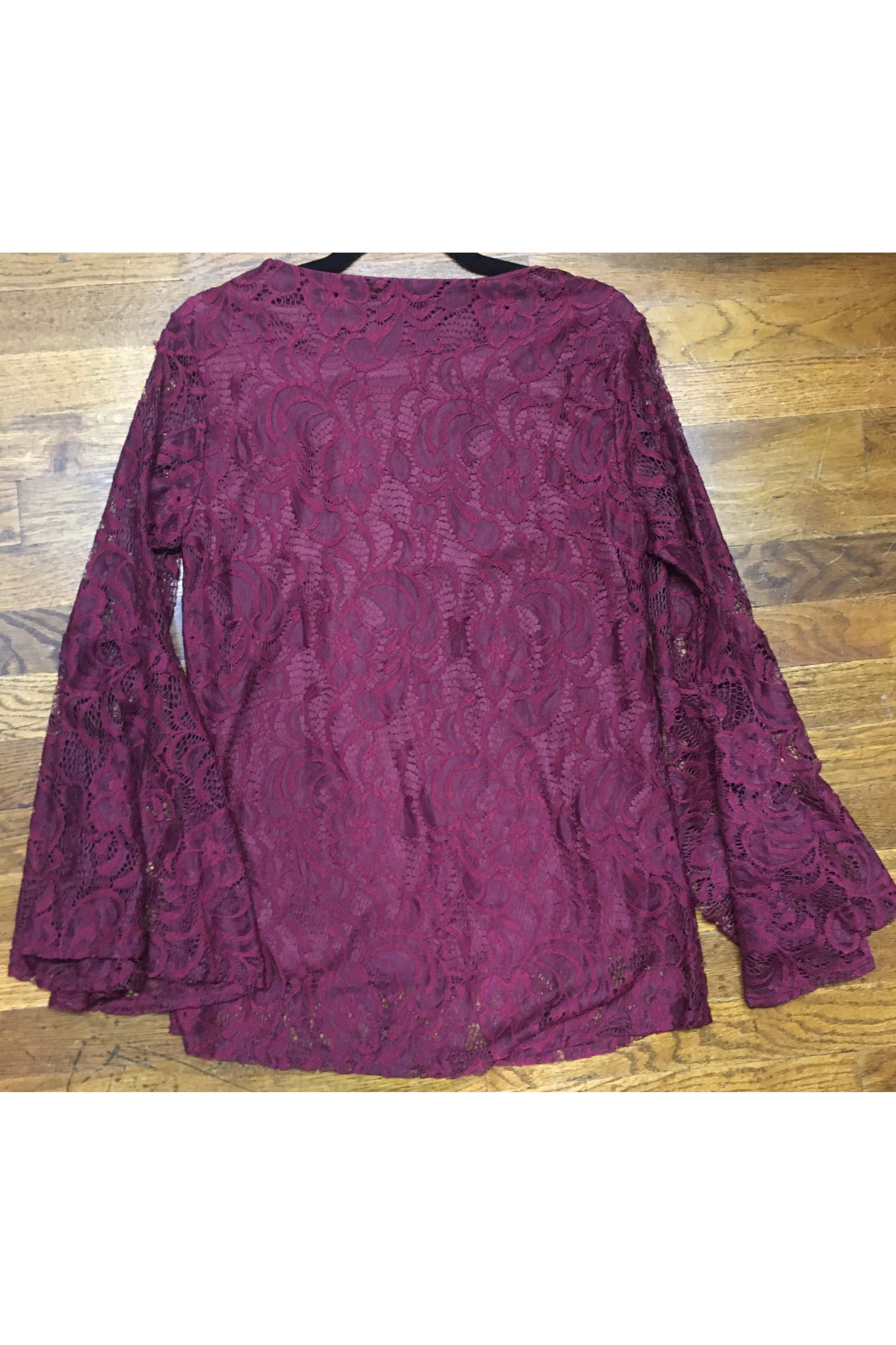 L&B Wine Lace Bell Sleeve Top-Tops-L And B-Deja Nu Boutique, Women's Fashion Boutique in Lampasas, Texas