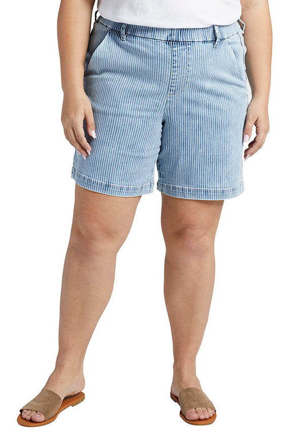 Jag Maddie 8'' Pull On Pin Stripe Short In Bleached Stripe Plus-Curvy/Plus Bottoms-Jag-Deja Nu Boutique, Women's Fashion Boutique in Lampasas, Texas