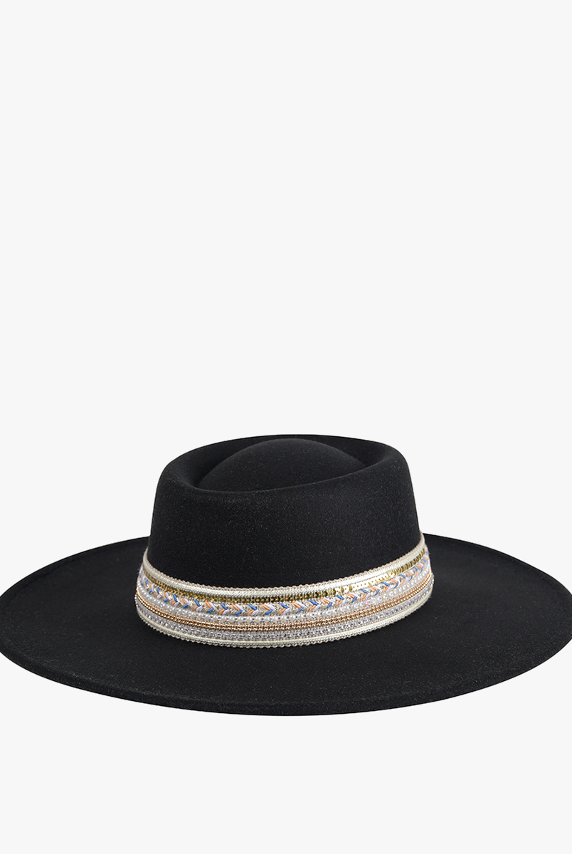 Jen & Co. Blaze Multi Trim Wide Brim Fedora Hat In Black-Hats-Jen & Co.-Deja Nu Boutique, Women's Fashion Boutique in Lampasas, Texas