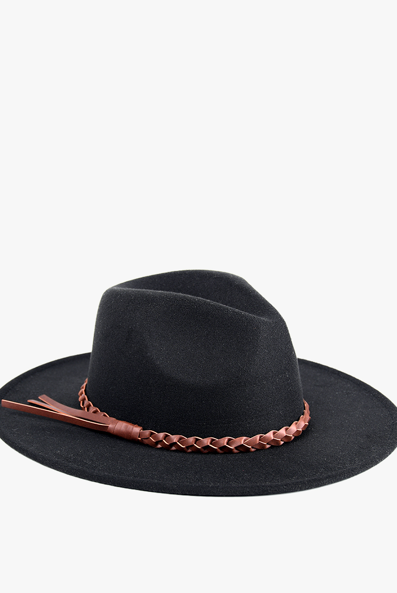 Jen & Co Debbie Braided Trim Wide Brim Fedora Hat In Black-Hats-Jen & Co.-Deja Nu Boutique, Women's Fashion Boutique in Lampasas, Texas