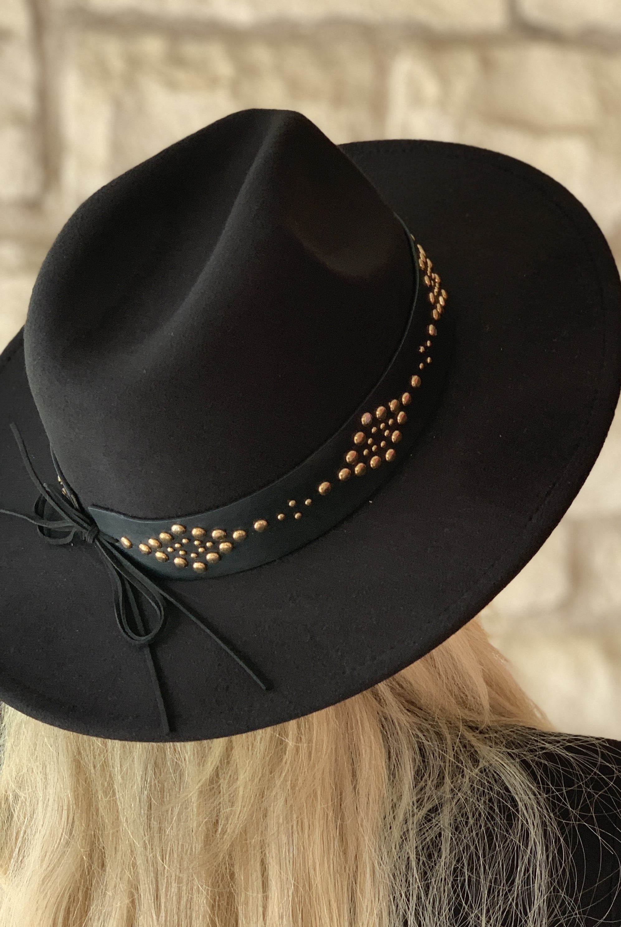 Jen & Co Glinda Grommet Trim Wide Brim Fedora Hat In Black-Hats-Jen & Co.-Deja Nu Boutique, Women's Fashion Boutique in Lampasas, Texas