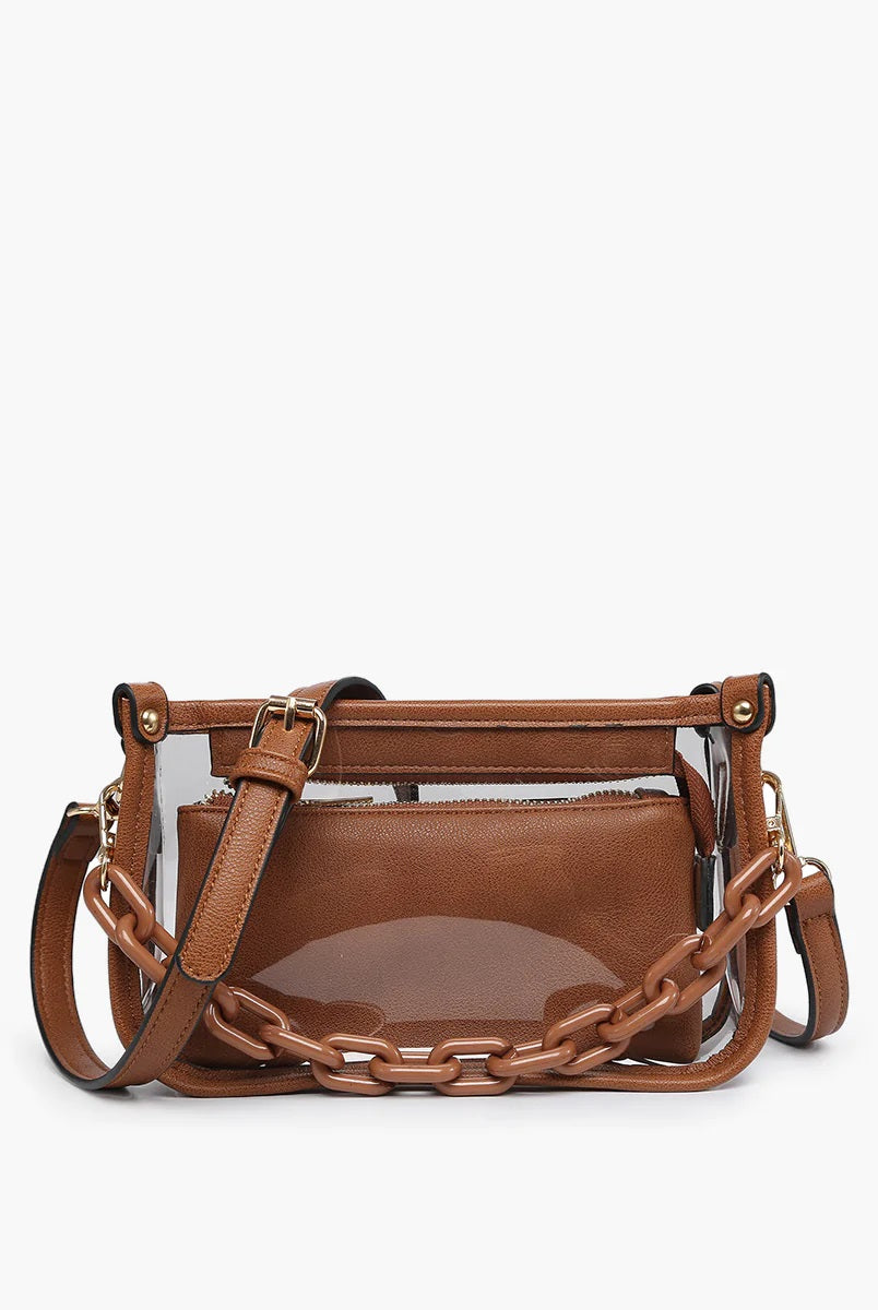 Jen & Co Jessica Clear Crossbody With Chain Strap And Inner Bag in Dark Brown-Handbags, Wallets & Cases-Jen & Co.-Deja Nu Boutique, Women's Fashion Boutique in Lampasas, Texas