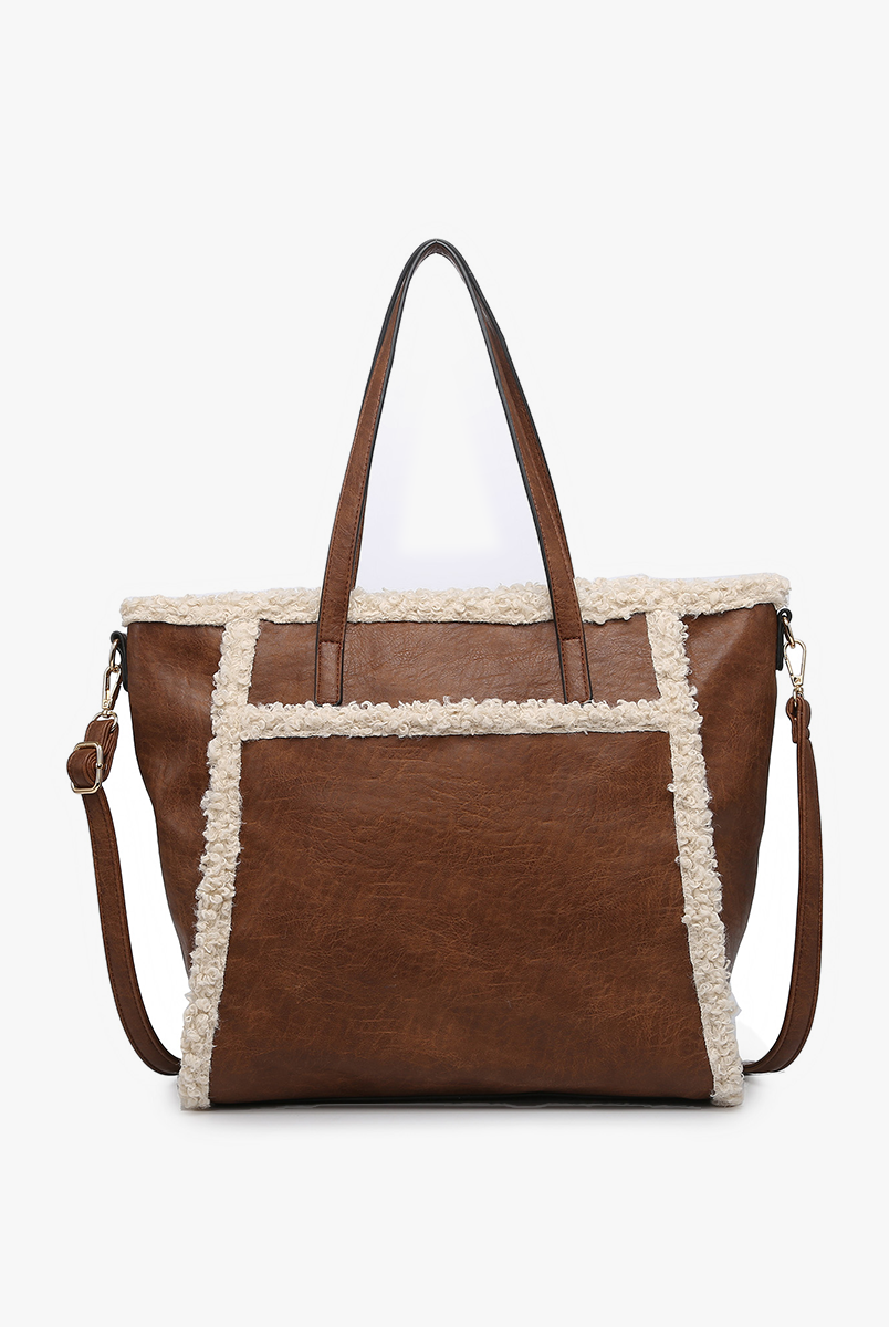 Jen & Co Lulu Sherpa Trim Tote With Front Pocket In Dark Brown-Handbags, Wallets & Cases-Jen & Co.-Deja Nu Boutique, Women's Fashion Boutique in Lampasas, Texas