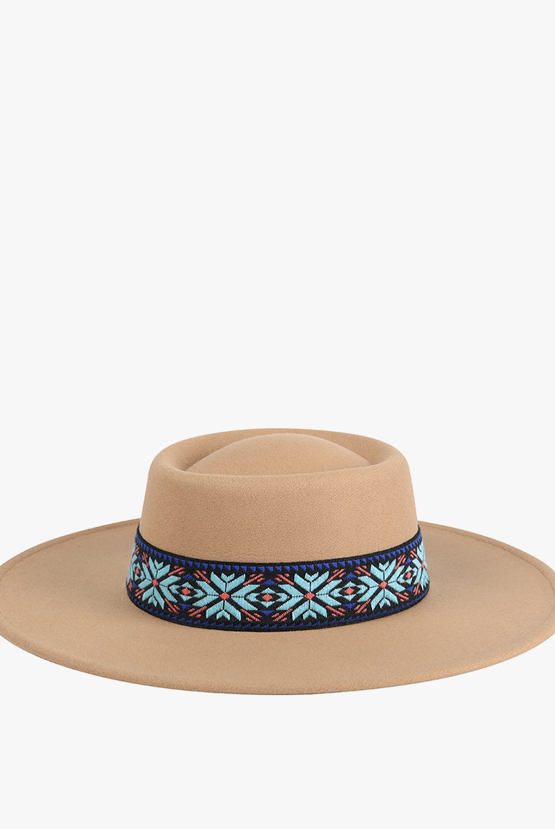 Jen & Co Mirta Aztec Trim Wide Brim Fedora Hat In Tan-Hats-Jen & Co.-Deja Nu Boutique, Women's Fashion Boutique in Lampasas, Texas