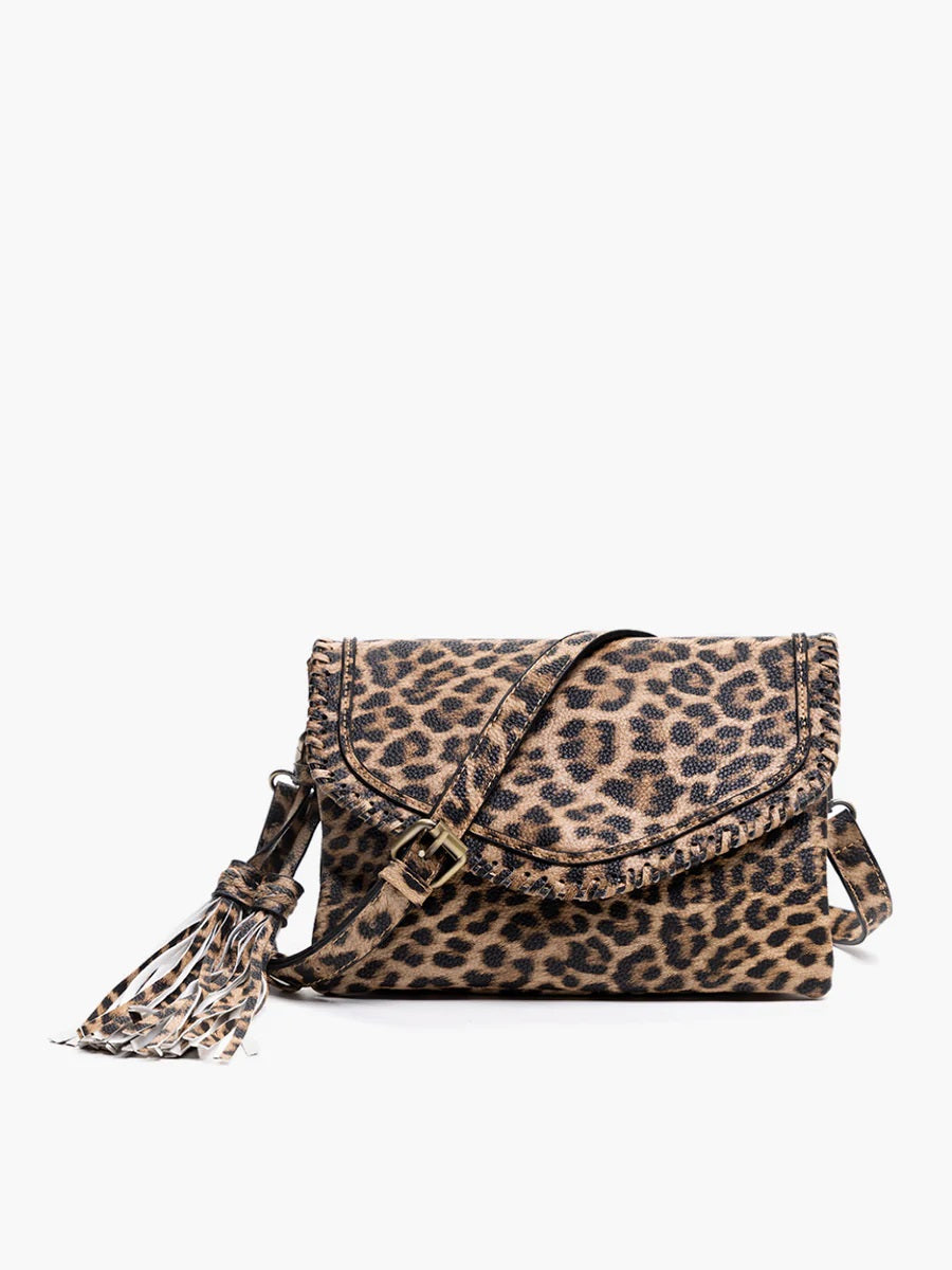 Jen & Co Sloane Faux Canvas Flapover Crossbody w/ Whipstitch Trim in Dark Cheetah