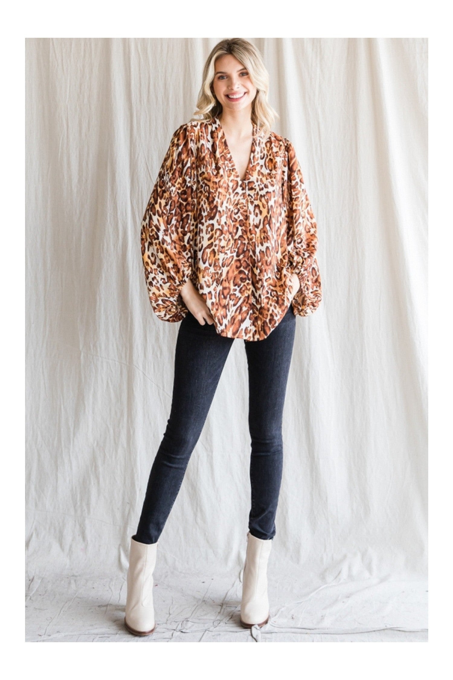 Jodifl Leopard Print Top With A V-Neckline And Long Balloon Sleeves-Long Sleeves-Jodifl-Deja Nu Boutique, Women's Fashion Boutique in Lampasas, Texas