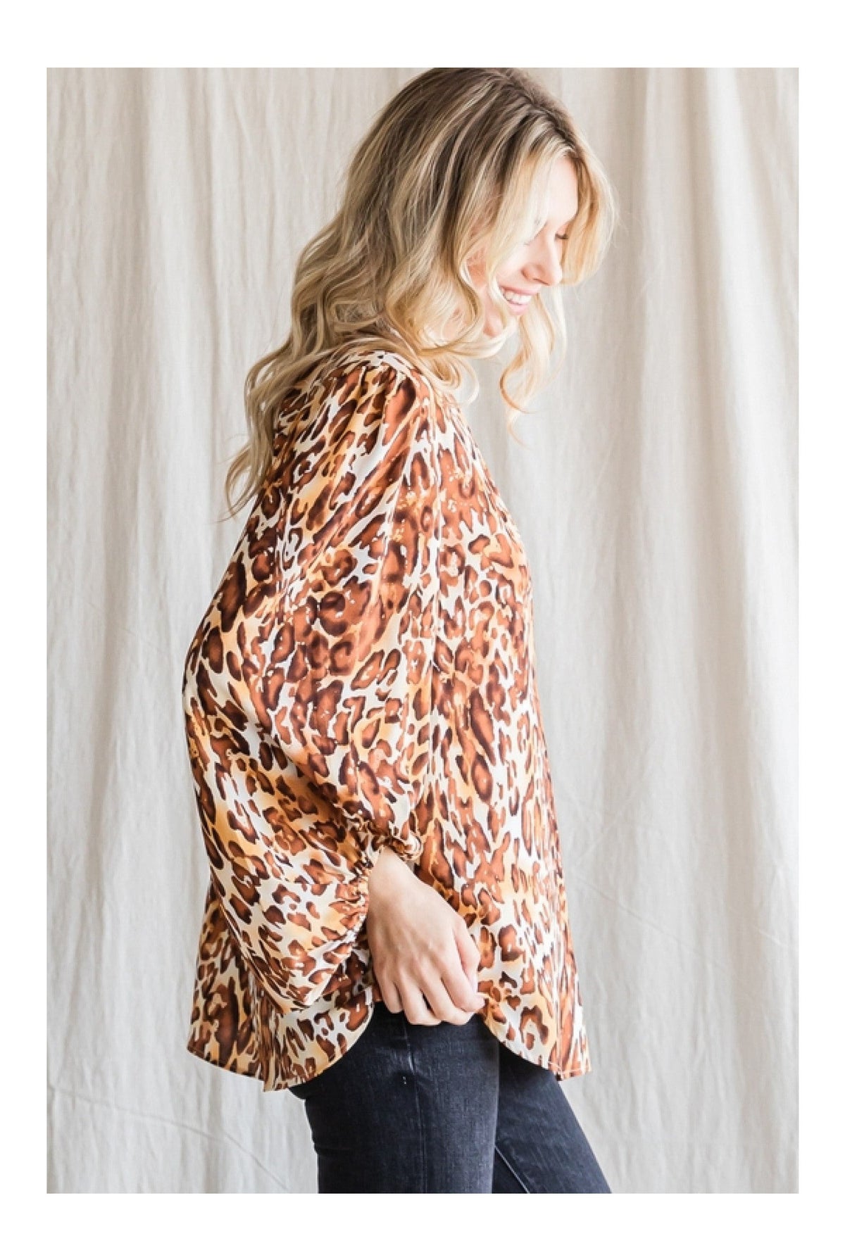 Jodifl Leopard Print Top With A V-Neckline And Long Balloon Sleeves-Long Sleeves-Jodifl-Deja Nu Boutique, Women's Fashion Boutique in Lampasas, Texas